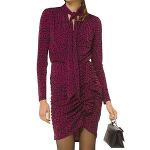 Michael Kors Leopard Ruched Jersey Tie Neck Dress